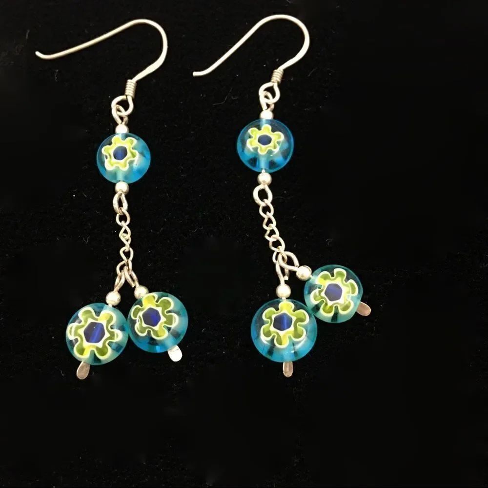 Vintage Millefiori blue/yellow sterling earrings